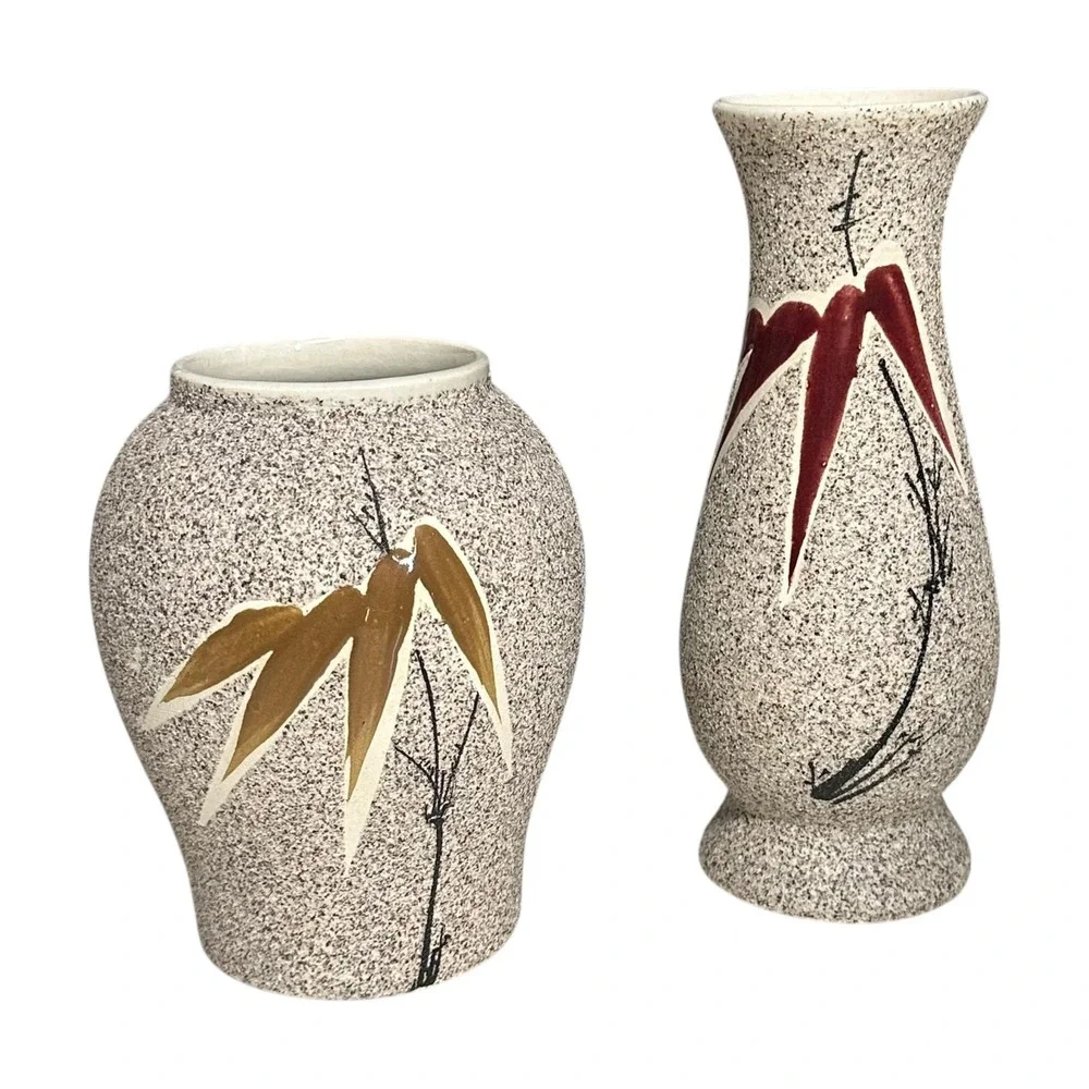 Speckled Ceramic Vase Gray‎ Bamboo Sand Textured Stoneware Asian Decor SET OF 2